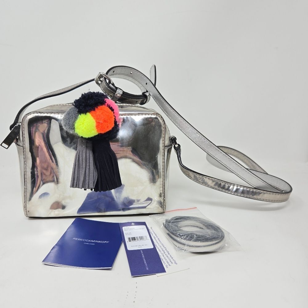 REBECCA MINKOFF Mini Sofia Crossbody Bag Purse Silver Patent Leather Pom Tassel